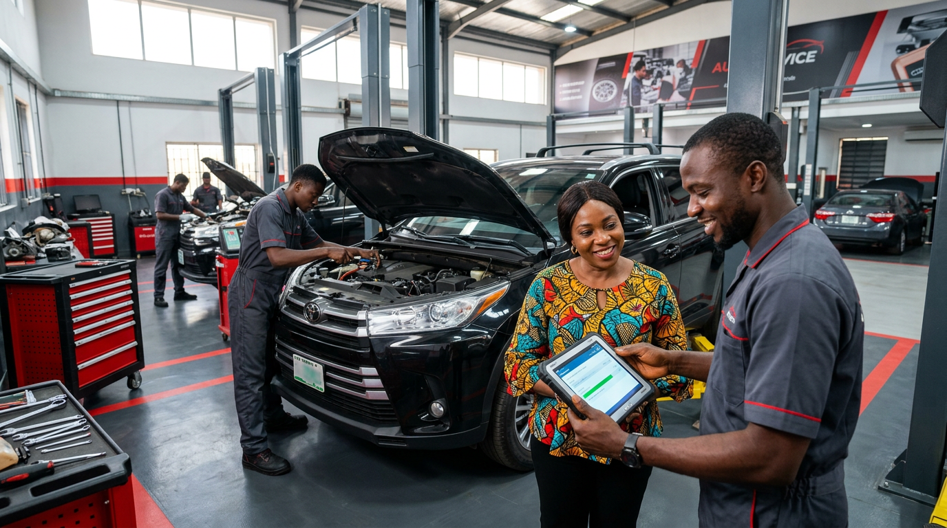 Mechanics working on a customer vehicle in a professional workshop while a service adviser shares repair updates with the customer.