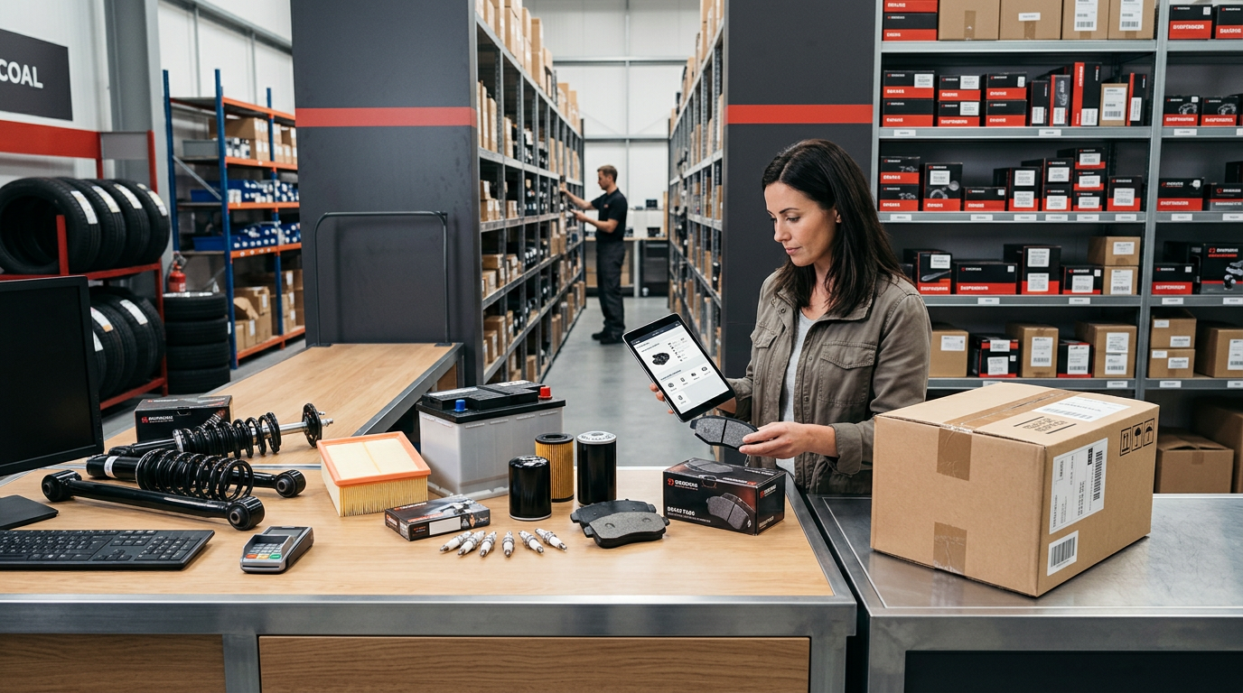 A customer comparing vehicle parts in an organized auto-parts environment with packaged delivery ready for dispatch.