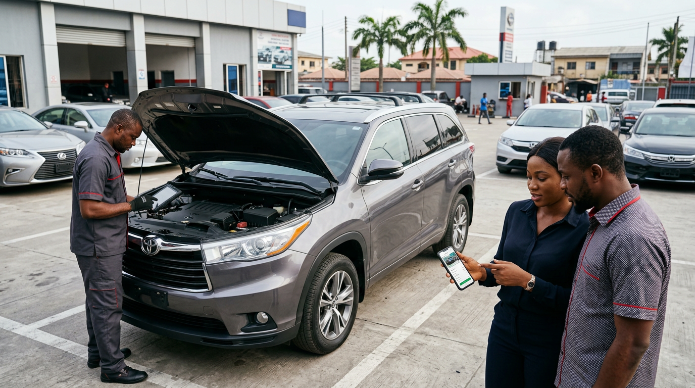 A buyer and seller reviewing a vehicle listing while an inspection is being carried out on the car.